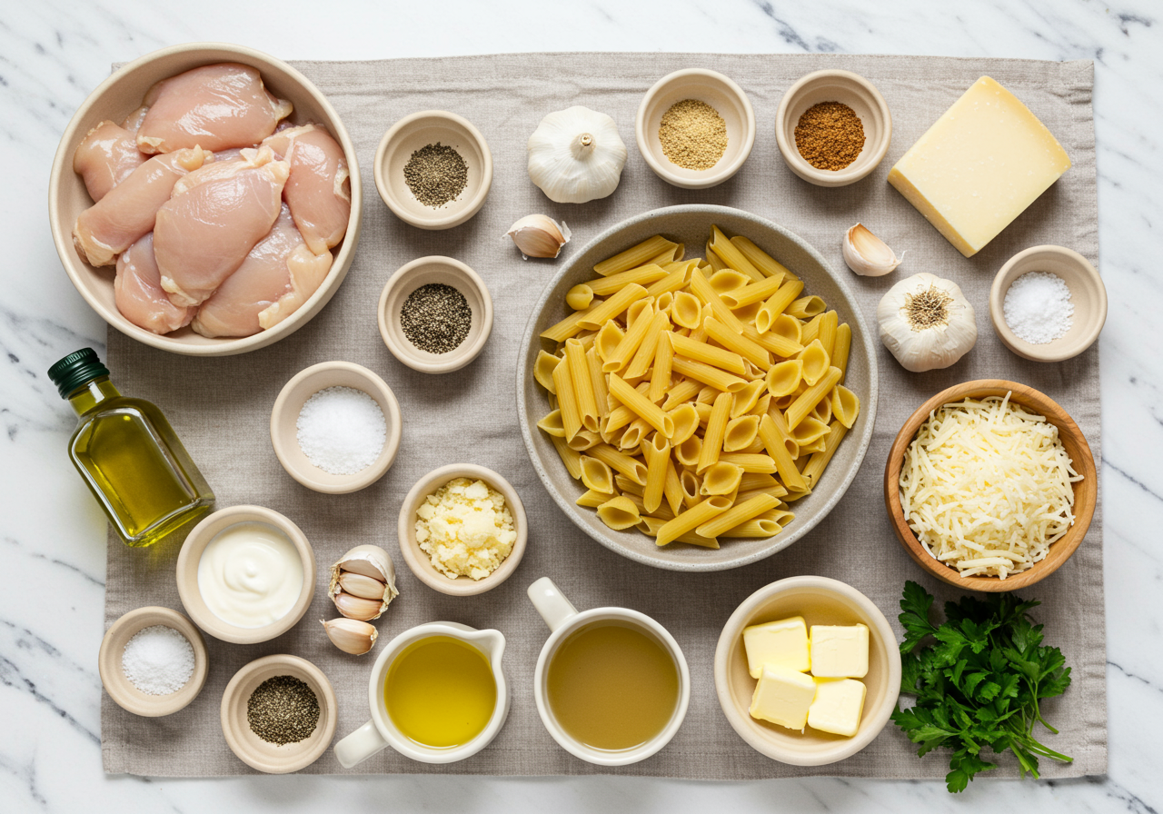 Ingredients for Creamy Garlic Parmesan Chicken Pasta